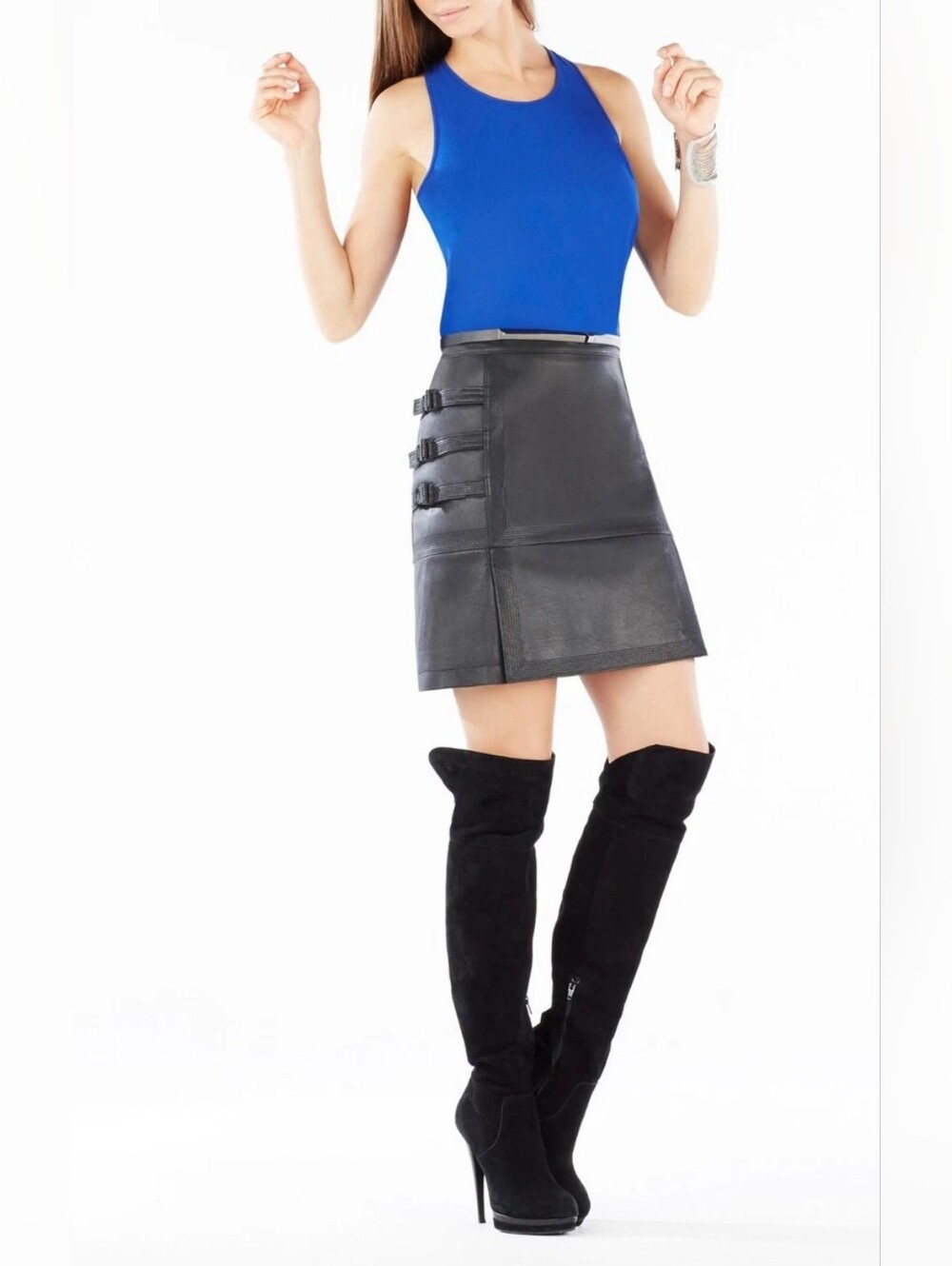 BCBG Max Azria Black Faux Leather Mini Skirt with Side Buckle Detail
